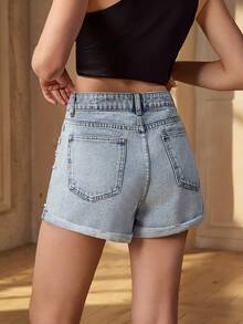 Selenza Shorts vaqueros de verano con decoración de perlas en color azul claro para mujer - Azul - Ver 2