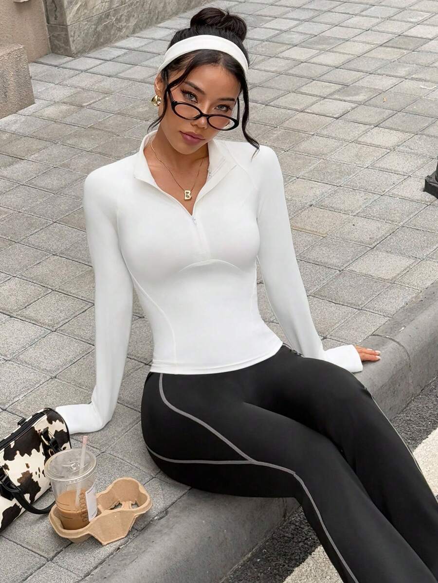 Dewbera 休闲百搭白色立领拉链修身带拇指孔运动卫衣 - 白色 - 查看 1