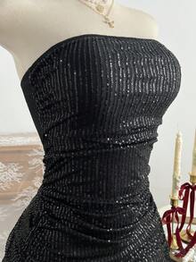 Elamini 女士亮片褶皱无肩带连衣裙，夏季时尚 - 黑色 - 查看 6