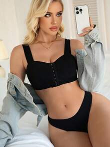 Conjunto de lencería de 3 piezas con cierre de botones delantero, cómodo y de moda - Multicolor - Ver 3