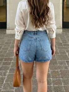 Falda-Short Skort Mini, Shorts cortos vaqueros casuales de tela suave y cómoda con envolvente, versátiles para el verano - azul claro - Ver 7