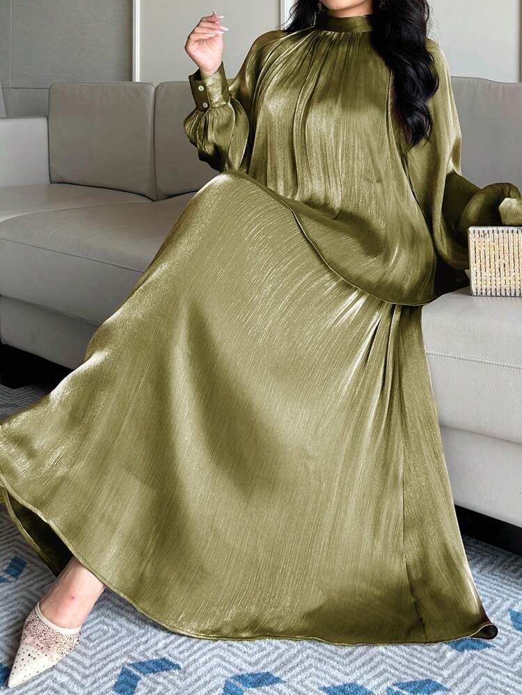 Dazy Plus Elegant Plus Size Women's 2-Piece Set: Chiffon Tie-Neck Loose Long Sleeve Top And A-Line Long Skirt, Suitable For Commuting, Spring/Summer