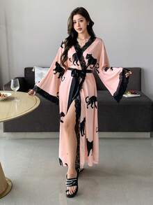 DAZY Bata larga y holgada de mujer con estampado animal, color contrastante y aplicaciones de encaje - Rosa - Ver 5