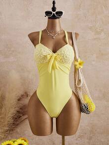 Swim Mod Traje de baño de una pieza para mujer con diseño de flores estampadas y nudo delantero, lindo para la playa y vacaciones, verano - Amarillo - Ver 3