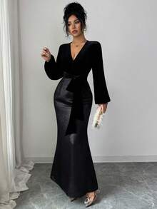 SHEIN Raffinéa 女款優雅時尚黑色天鵝絨V領收腰上衣與拼色裙套裝，秋季用餐晚宴正式度假穿搭，金色拼色設計 - 黑色 - 查看 7