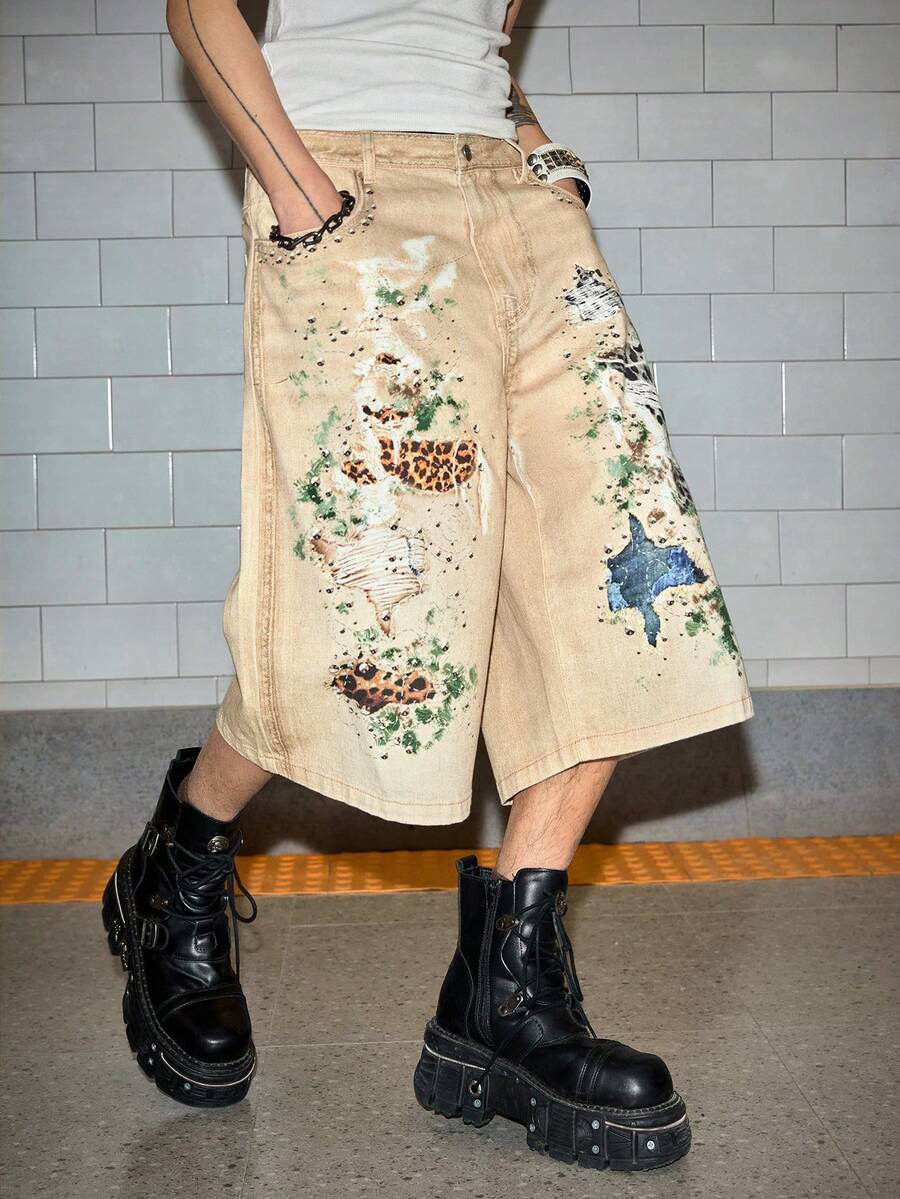 ROMWE MEN Street Life 男士荒野豹纹口袋休闲牛仔短裤 - 棕色 - 查看 1