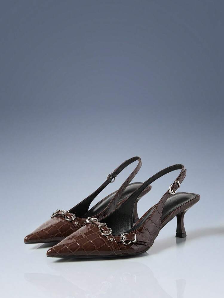 CUCCOO GRLICON Women's Pointed Toe Studded Buckle Strap High Heel Pumps, Animal Print Leather, Backless Slingback, Motorcycle Style, Suitable For Spring/Summer, Vacation, Travel, 2000s Fashion