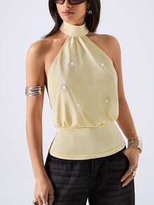 LYSMO 2026新款极简主义春季女装水钻露背吊带上衣，夏季/女士夏季/春假/海滩/外出上衣/黄色Y2K - 米色 - 查看 3