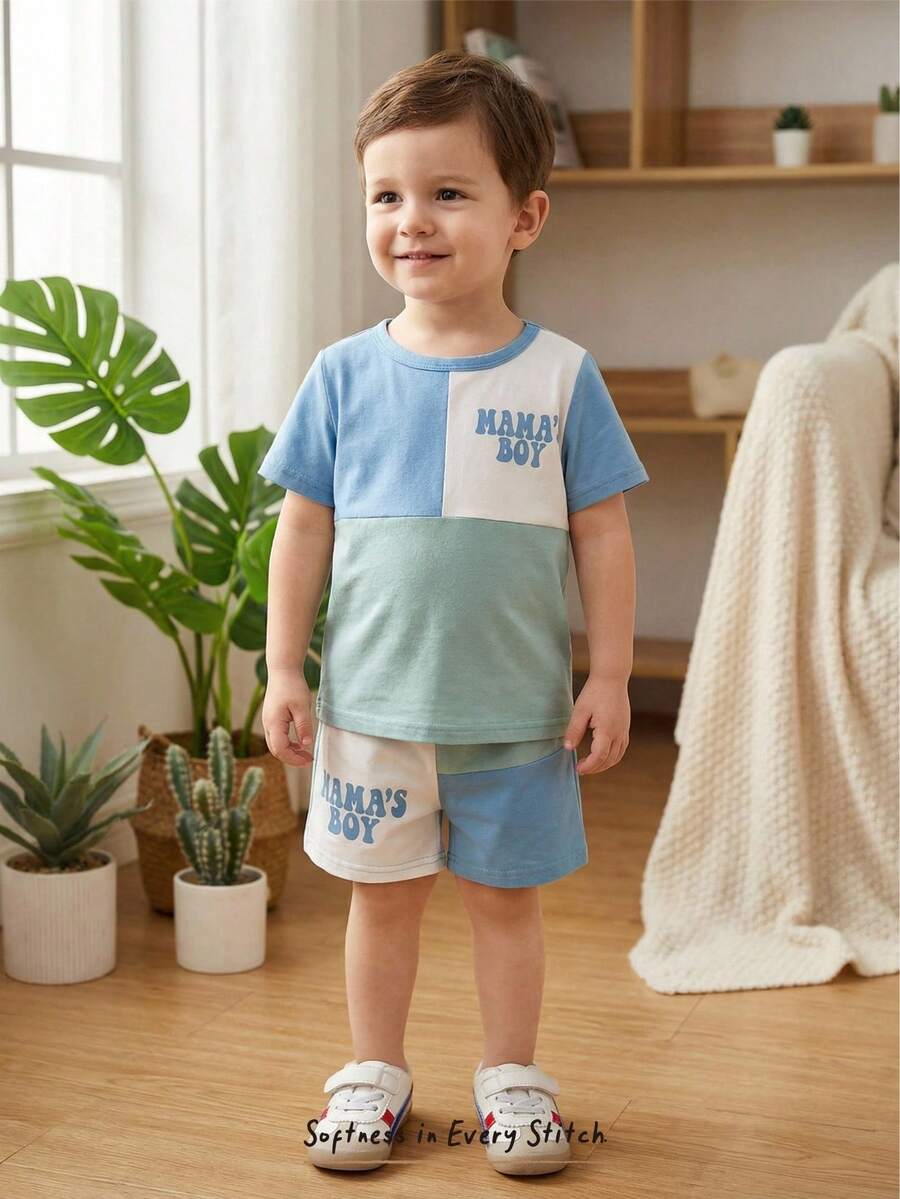 Cozy Pixies 2件套男童字母印花撞色针织柔软圆领短袖上衣和松紧腰短裤套装 - 藍色 - 查看 1