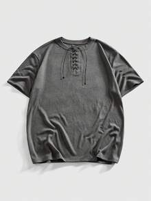 ROMWE MEN Street Life Men's Solid Color Minimalist Daily Short Sleeve T-Shirt With Tie Detail - Black - View 7