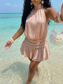 Slaydiva 春夏新款优雅休闲情人节约会甜美露背A字连衣裙，粉色条纹宽松女装 - 粉色 - 查看 6