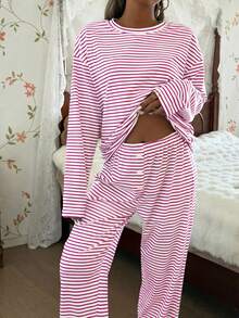 SHEIN Women's Casual Striped Print Loose Fit Round Neck Long Sleeve Pajama Set - Multicolor - View 4