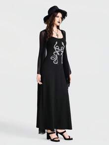 Breakform Đầm dài ôm sát người kiểu Gothic gợi cảm dành cho nữ, dây đeo mảnh có thể điều chỉnh, màu trơn, chất liệu vải dệt kim in họa tiết da rắn. - màu đen - Xem 1