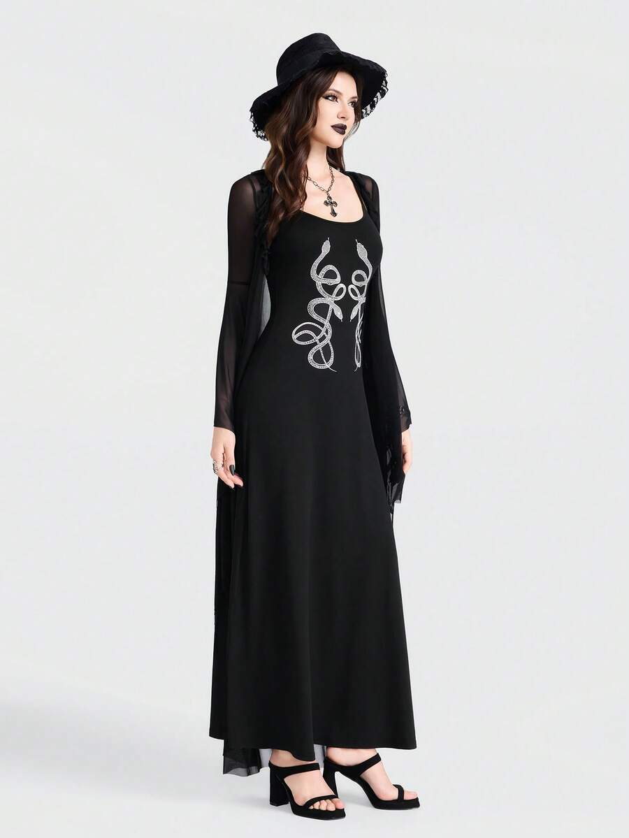 Breakform Đầm dài ôm sát người kiểu Gothic gợi cảm dành cho nữ, dây đeo mảnh có thể điều chỉnh, màu trơn, chất liệu vải dệt kim in họa tiết da rắn. - màu đen - Xem 1
