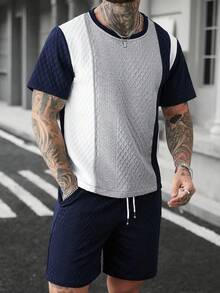 Manfinity Homme Men's Contrast Color Round Neck Casual Short Sleeve T-Shirt, Summer - Multicolor - View 4