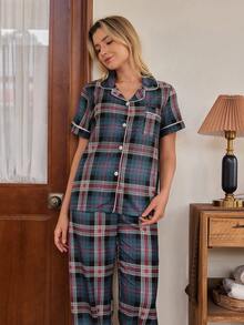 Doze Lane Contrast Trim Plaid Short Sleeve & Pants Women Pajama Set - Multicolor - View 1