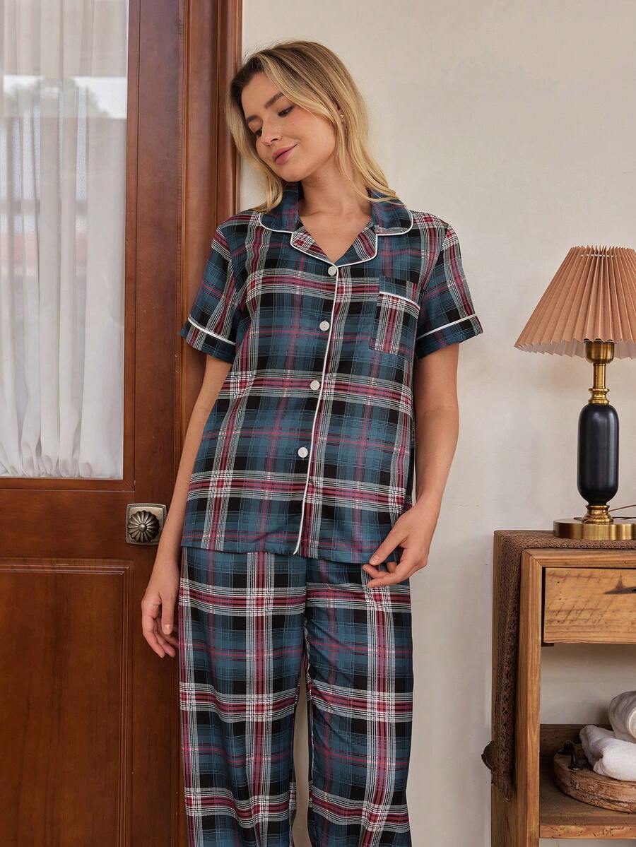 Doze Lane Contrast Trim Plaid Short Sleeve & Pants Women Pajama Set - Multicolor - View 1