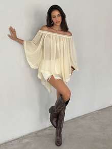 Aloruh Apricot Off Shoulder Sheer Top, Bohemian Style, Y2K Music Festival Open Shoulder Top, Solid Color Commuter Top, Easter, Beach For Woman, Summer For Women, Raves, Concert Women, Country Concert, Casual, Bohemia, Boho , Beach, Going Out Top, Vacation - Apricot - View 6
