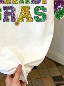 SHEIN EZwear Women's Carnival Colorful Letter Sequin Contrast Pattern Round Neck Comfortable Casual Short Sleeve T-Shirt, Suitable For Daily And Holiday Wear Colorful Sequin Top Short Sleeve Shirt - Multicolor - View 3