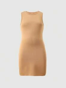 2件装少女无袖修身针织连衣裙，黑色/卡其色，弹力面料，适合日常、休闲、派对等场合 - 彩色 - 查看 3