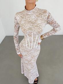 Siren Gaze Đầm dài tay ôm sát cổ ren hoa thanh lịch cho nữ - trắng - Xem 2