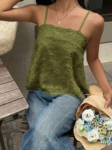 SHEIN Frenchy 女士纯色蕾丝休闲百搭吊带背心 - 綠色 - 查看 4