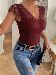 SHEIN Frenchy Áo liền thân nữ cổ chữ V, hở lưng, ren, kiểu Pháp thanh lịch và lãng mạn. - Màu Đỏ Sâu - Xem 5