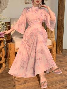 DAZY 女士优雅印花立领荷叶袖中长连衣裙，春夏婚礼宾客礼服 - 粉色 - 查看 10