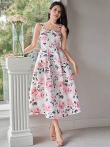 DAZY Women's Elegant Floral Print Sleeveless Square Neck Midi Dress, Summer Wedding Guest Dress - Pink - View 3