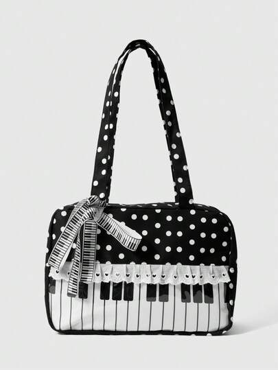 ROMWE Anime 1pc Cute Sweet Bow Heart Lace Patchwork Polka Dot Pop Art Women Tote Bag, 2nd Gen Snack Quantity Music Note Music Festival Transparent Layer Badge Doll Display Shoulder Bag, Suitable For Shopping, Campus