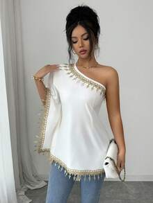 SHEIN Elenzya Women's Casual Elegant Lace Patchwork One Shoulder Blouse, Summer - Apricot - View 1