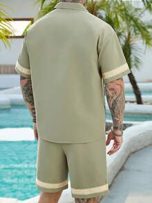 VENTUSAIL 男士绿色提花编织腰带度假衬衫套装，春夏男士夏季服装套装，男士套装，加大码男士搭配套装，男士度假套装，男士休闲装，日常休闲，周末旅行，户外活动，探险旅行，轻松的工作环境或半正式场合，男友/丈夫礼物，周年纪念/生日礼物，派对，夏季假期，婚礼，春夏男士邮轮套装，游艇套装，男士沙滩套装 - 綠色 - 查看 2