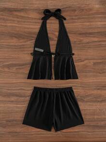 Bonvoyette 2026新款女士夏季沙滩度假纯黑色泡泡纹理面料星贝壳流苏抽绳露背吊带泳衣两件套 - 黑色 - 查看 2