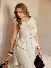 Roveilla 两件套女士加大码圆领金属纽扣前襟胸袋系带无袖衬衫搭配前拉链宽松阔腿裤，优雅复古法式办公室通勤商务休闲套装，秋冬季 - 杏色 - 查看 3