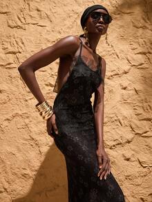 Opulessa Đầm nữ cổ yếm hở lưng họa tiết hoa, thích hợp mặc đi biển, đi nghỉ mát. - màu đen - Xem 7