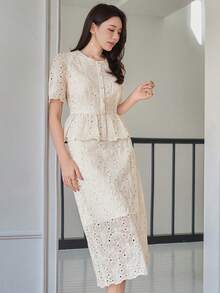 DAZY Women's Lace Fabric Round Neck Short Sleeve Cardigan And Straight Long Skirt Elegant Urban Casual 2 Pieces Set - Beige - View 4