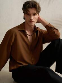 Airaco 亚麻混纺二合一长袖衬衫，宽松版型，咖啡色 - 棕色 - 查看 8