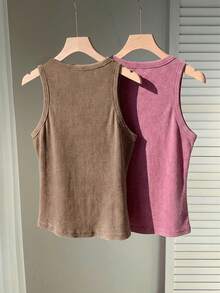 Comfortcana 2pcs Women Solid Color Sleeveless Tight Knit Tank Top Set - Hot Pink - View 2