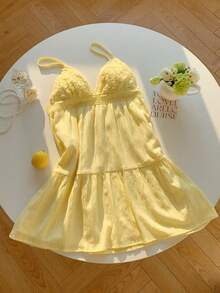 Comfortcana 女士休闲撞色蕾丝编织吊带连衣裙，夏季 - 黃色 - 查看 8