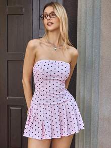 MainGRL 粉色针织波点印花抹胸连衣裙（女款） - 粉色 - 查看 1