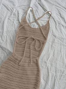 SHEIN Unity 时尚镂空性感女士纯色细肩带针织度假连衣裙 - 卡其色 - 查看 3