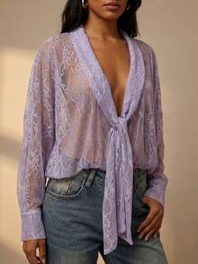 SHEIN Glamour 薄纱蕾丝衬衫，棕色蕾丝女式衬衫 - 紫色 - 查看 3