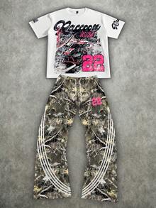 Manfinity ZONE917 男士休闲宽松圆领印花短袖T恤和裤子套装 - 彩色 - 查看 1