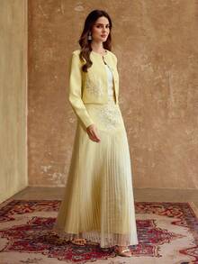 ZEYLAH Women's Round Neck Floral Embroidery Pattern Single-Breasted Casual Versatile Daily Wear Long Sleeve Jacket - Light Yellow - View 4