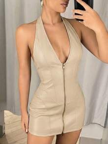 SHEIN ICON 深V领露背拉链修身迷你PU连衣裙 - 杏色 - 查看 6