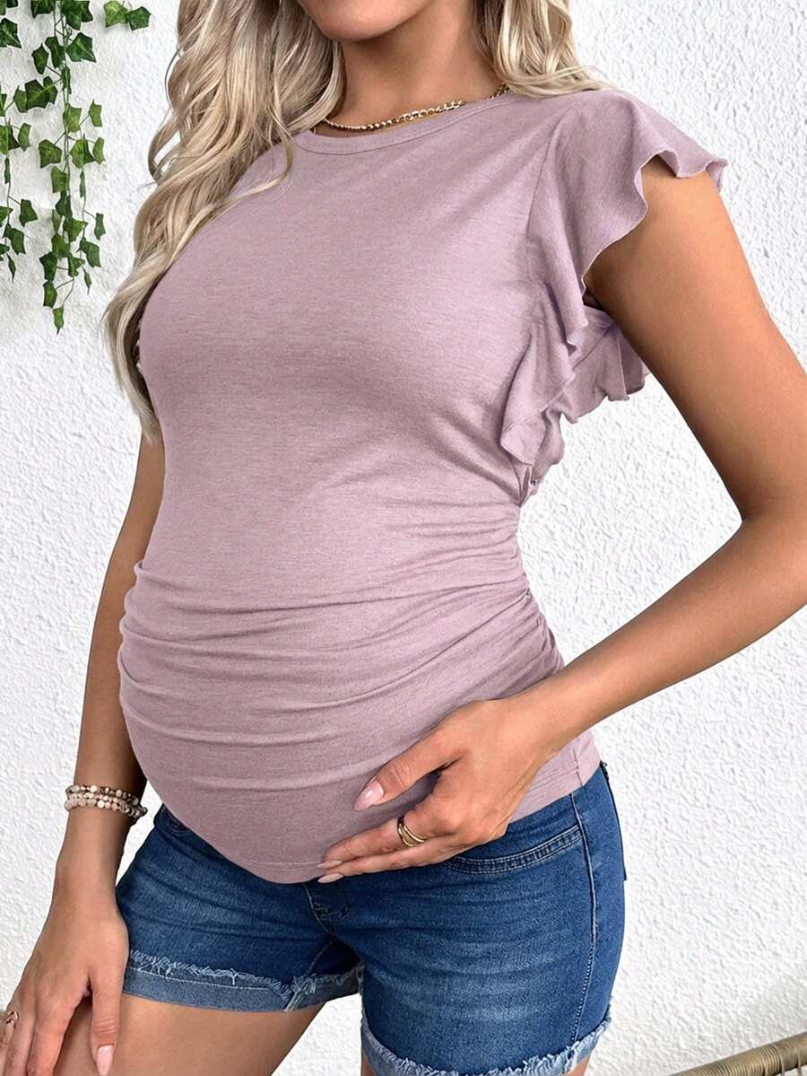 SHEIN Maternity Summer Casual Pink T-Shirt With Side Ruching Ruffled Sleeves,Dusty Blue Round Neck Ruched Pregnancy Top For Babyshower Everyday Wear Tops - Purple - View 1