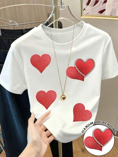 Resyla Women's Heart Rhinestone Studded Digital Print T-Shirt