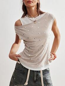 Bohemela Women's Casual Off-Shoulder Knit T-Shirt - Apricot - View 2