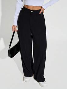 SHEIN PETITE Quần dài nhung kẻ trơn màu dành cho nữ - màu đen - Xem 8