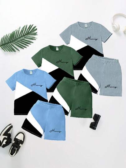 Genkimix Kids 6pcs/Set Young Boy Casual Sports Streetwear Cute & Cool Tricolor Letter Print Short Sleeve T-Shirt + Shorts, Suitable For Daily Wear, School, Outings, Sports, Spring/Summer. Provides Multiple Matching Options For Toddler Boys, With Simple Yet Fashionable Design And Comfortable Wear. This Outfit Set Will Be A Practical And Stylish Choice In The Wardrobe Of Toddler Boys.